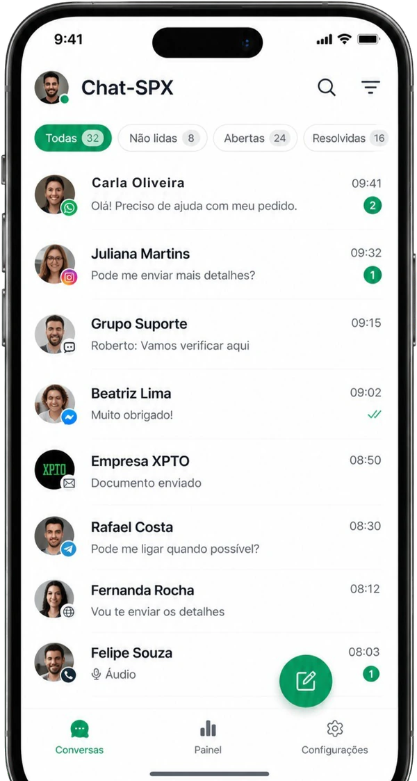 Lista de conversas do app com mensagens de vários canais